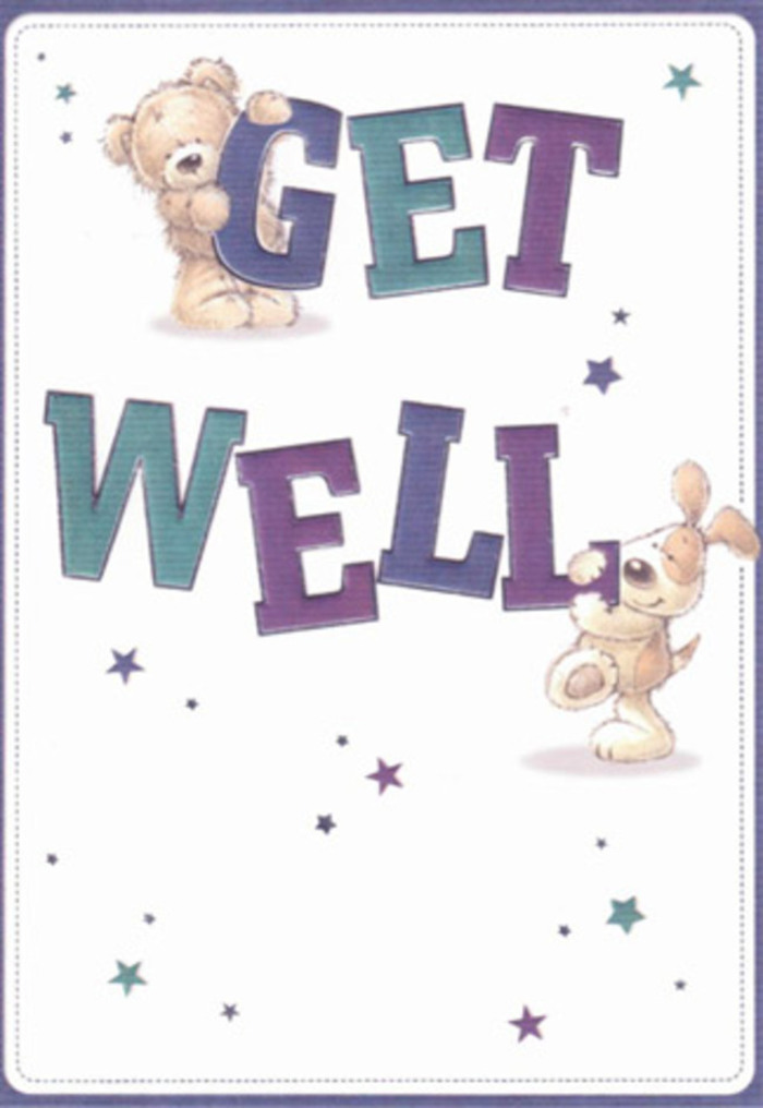 This get well card, a delightful expression of kind-hearted encouragement, brings together two beloved animal friends-a plush, cinnamon-hued bear and an exuberant, floppy-eared puppy-each tenderly balancing bold, oversized letters that spell out 'Get Well' in confident shades of purple and teal. Their whimsical, affectionate presence feels akin to the gentle support neighbours in Old Ford offer one another. Playful stars glimmer around them, as if scattering notes of hope and goodwill down St Stephen's Road, painting the scene with layers of reassurance and cheer. The artwork brims with subtle detail: the bear's fluffy coat rendered with visible strokes, the pup's soft velvet ears curling with animated personality, the background a clean cream expanse exuding clarity and calm. The large, lively typography anchors the design, creating a tactile invitation to smile-a sensation not unlike receiving a thoughtfully arranged bouquet at your Old Ford doorstep. This gentle composition brims with warmth and encouragement, perfect for easing someone's recovery with heartfelt cheer, colouring brighter the quiet days spent in recovery.