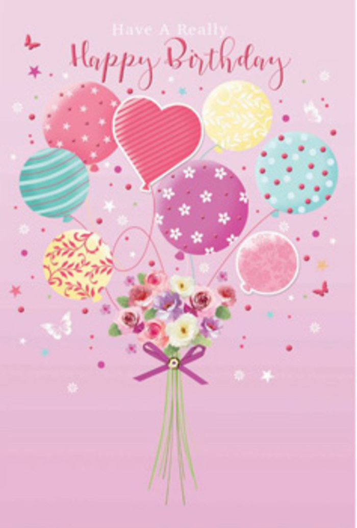 Delicate birthday card illustration depicting a bouquet of flowers buoyed by a cluster of pastel balloons, described as if a florist from Old Ford is guiding you through each detail. The backdrop is a calm, dusty pink, reminiscent of the soft tones often chosen for birthday arrangements delivered around the quiet streets leading to Victoria Park. Rising from the lower edge of the design, balloons in pale sunshine yellow, rosy fuchsia, minty green, and lavender seem to float effortlessly, each one patterned with playful stripes, polka dots, tiny blossoms, or swirling lines. At the centre, a heart-shaped balloon radiates affection, drawing the eye upward while echoing the love behind a birthday surprise. Below this airy display, a hand-tied bouquet rests where the balloons gather, composed of miniature roses and soft, daisy-like flowers shaded from cream and blush to muted mauve. Their petals are illustrated with gentle gradients that suggest velvety texture and a fresh-cut fullness. A neat purple bow cinches the stems, its satin sheen reflecting an imagined light source that also glows across the balloons and petals. Scattered stars and delicate butterflies drift around the composition, adding a touch of magic, as if a birthday wish has just been whispered. The overall feel is one of gentle jubilation, like a quiet celebration at home in Old Ford with flowers on the table and cards propped along the mantel. Every element-the colours, the shapes, the careful balance-works together to turn a simple birthday card into a tender, uplifting moment.