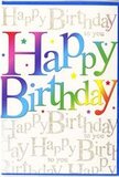 In this image, a striking birthday card takes center stage, its design instantly communicating celebration with the same lively spirit you'd sense at a family gathering in Old Ford. The main focus is the bold "Happy Birthday" message printed in large, friendly letters that curve slightly, giving them a buoyant, uplifting feel. Each letter is filled with a smooth, continuous gradient of colour, sliding from rich, fruity reds into pinks, moving gracefully into cool blues, then bright greens, and finishing in warm gold and lemon yellow. The hues transition as effortlessly as the colours in a mixed seasonal bouquet, arranged so that no shade jars, but instead everything feels harmonious and inviting. Around these central words, small colourful stars and specks appear to dance across the surface, evoking the look of confetti swirling in the air just after a party popper has been opened. Sitting quietly behind this energetic foreground is a pale background patterned with delicate gold script, endlessly repeating the phrase "Happy Birthday to you." The script is slender and elegant, with a gentle shimmer that catches the light rather than shouting for attention, like the soft glow of streetlights along Old Ford Road at twilight. The card's finish appears smooth with a hint of gloss, suggesting a quality piece of stationery chosen with care. Together, the rainbow lettering, subtle sparkle, and layered text create a card that feels joyful yet refined-an ideal companion for a birthday bouquet delivered to a home near the local canals, schools, or small parks that dot the Old Ford area.