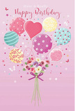 Whimsical birthday card scene where a pastel balloon bouquet appears to float a small floral arrangement into the air, captured with the sensitivity of a florist who knows Old Ford's love for soft, joyful colour. The background is a warm, powdery pink, evoking the cosy interiors of local homes on birthday mornings when cards and flowers line the kitchen counter. Above, an assortment of round and heart-shaped balloons in gentle pinks, teal greens, sunny yellows, and lilac purples cluster together, each decorated with its own personality: some wear neat candy stripes, others are sprinkled with lively polka dots, and a few carry delicate flower and swirl motifs. Light seems to skim across their surfaces, giving them a subtle gloss as if they might bob in a gentle breeze along nearby Roman Road. At the base, a hand-tied bouquet gathers roses and anemone-like blossoms in creamy ivory, blush pink, and soft mauve, petals layered and feathery, suggesting a freshly arranged posy waiting for local delivery. A violet satin bow binds the stems, its loops and trailing ends adding a polished, celebratory finish. Around the flowers and balloons, tiny stars, sparkles, and butterflies dance, enhancing the sense of enchantment. The composition feels as light as a spring morning walk through Old Ford, where a surprise bouquet can transform an ordinary day. Together, the colours, textures, and floating forms convey a bright, affection-filled birthday message that feels both playful and lovingly considered.